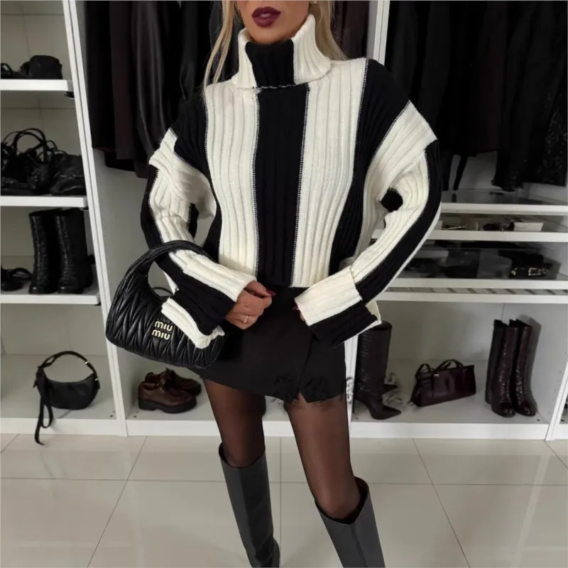 

High Neck Knitted Pullover Striped Sweater Contrast Pulls Femmes Fashion Loose Keep Warm Woman Clothing Comfortable Commuting