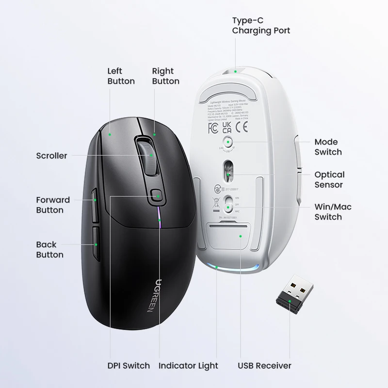 UGREEN 유선 충전식 게이밍 마우스, 5000DPI 무선 블루투스 5.0, 맥북 태블릿 노트북용 6 버튼, 2.4G