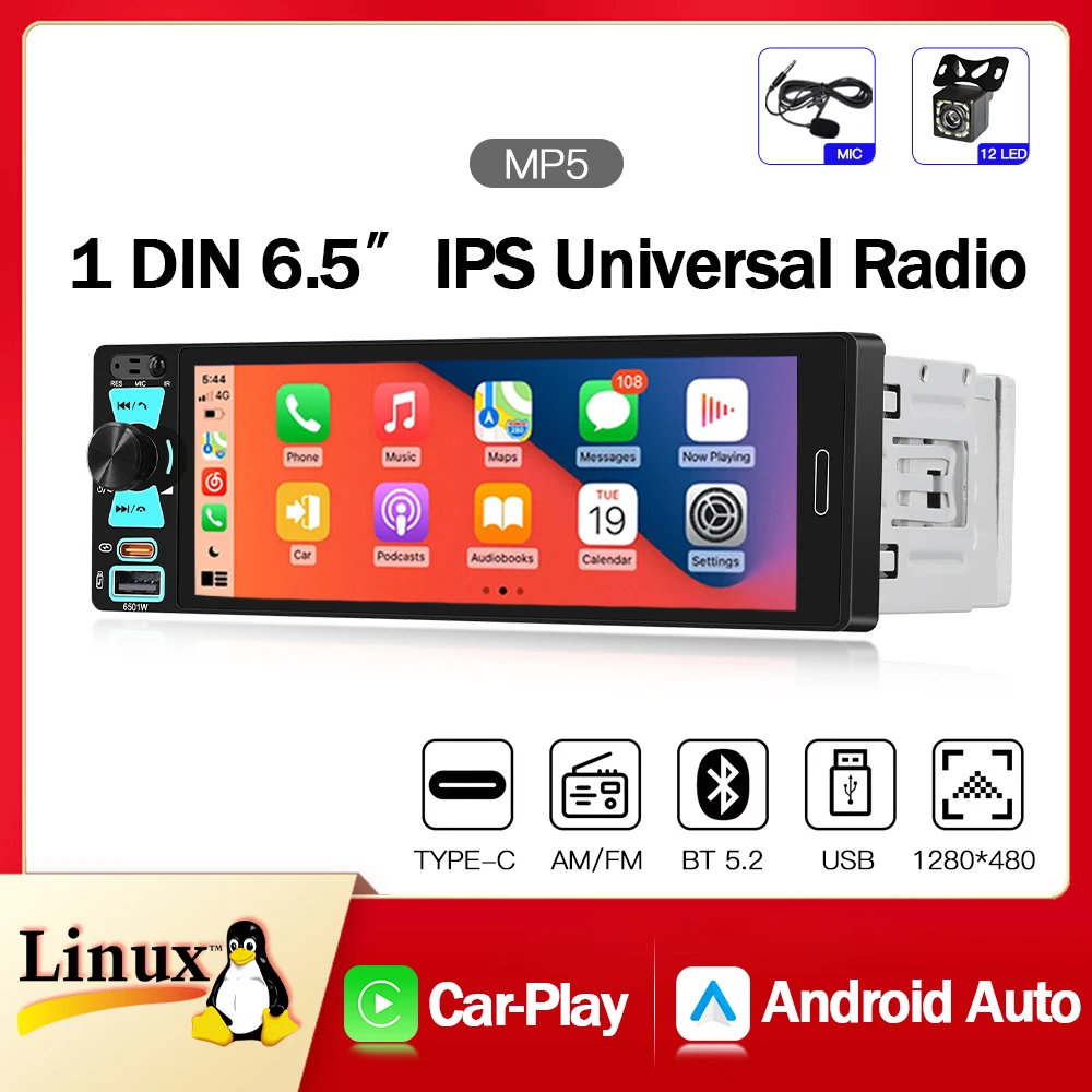 Car Stereo Bluetooth Wireless for MP5 Apple CarPlay Single Din Android Auto FM/AM Radio Player Universal IPS Touch Screen