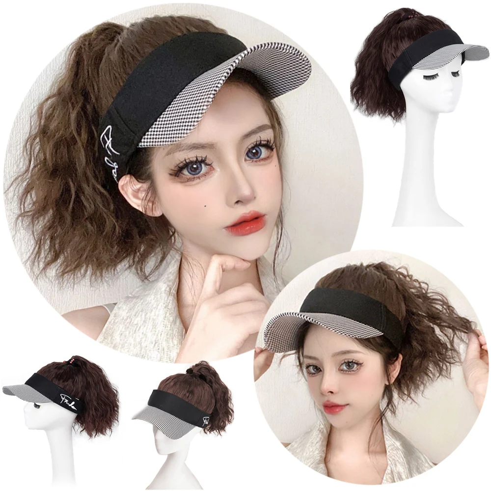 

Houndstooth Empty Top Hat Wig One-Piece Fashion Full Headgear Hat Ponytail Wig