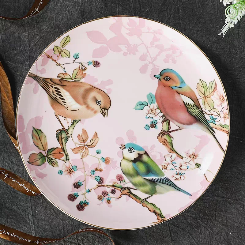 real bone china dinning plates set, european pastoral flowers and birds decorative plate,porcelain steak spaghetti plates 8,10''
