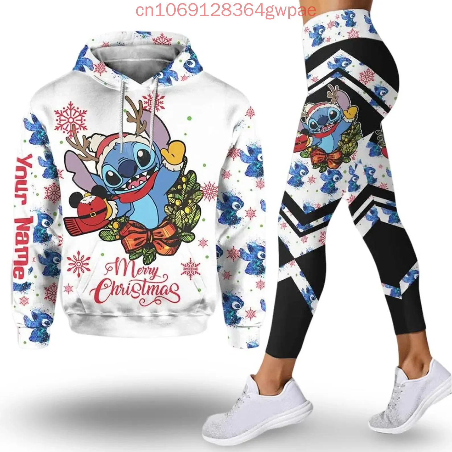 Stitch Christmas Hoodie and Leggings Set Women\'s Disney Stitch and Angel Hoodie Yoga Pants Sweatpants Fashion Tracksuit Set