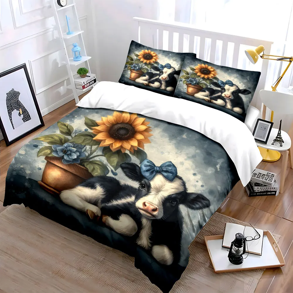 Calf with sunflower pot Printed Duvet Cover Set1 Duvet Cover+2 PillowcaseMulti Size Bedroom Bedding Decor Machine Washable