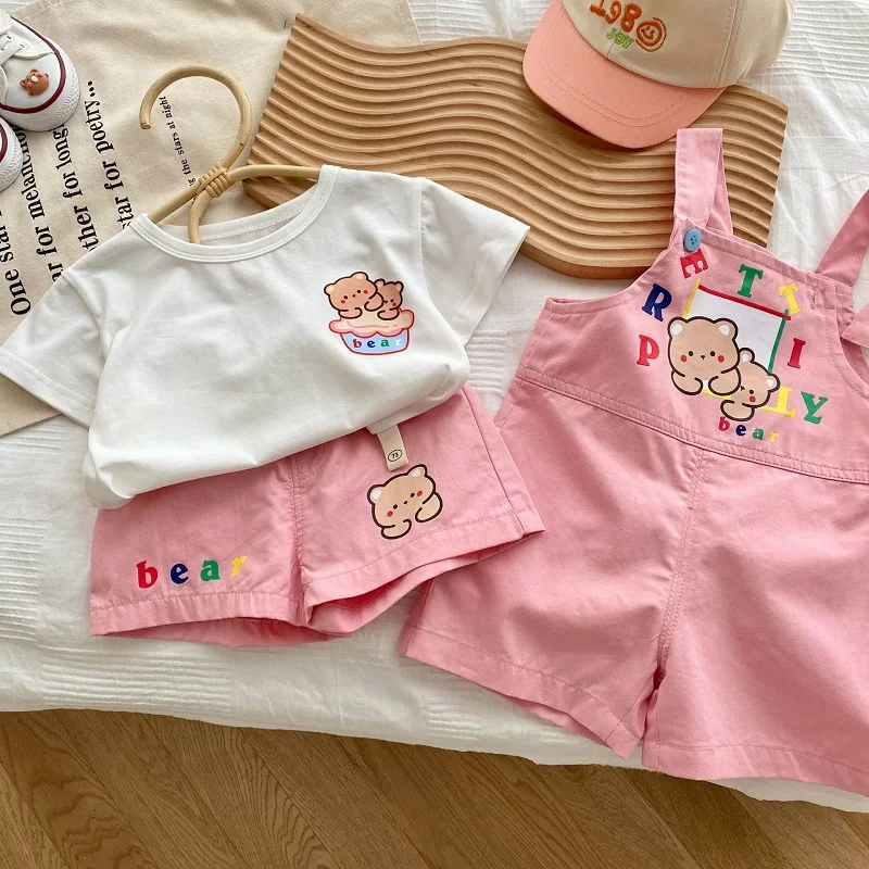 Lovely Children Girl Clothes 0-6Years Kids Short Sleeve Bear Pattern Cotton T-shirt Elastic Waist Shorts Bottom Overall Jumpsuit