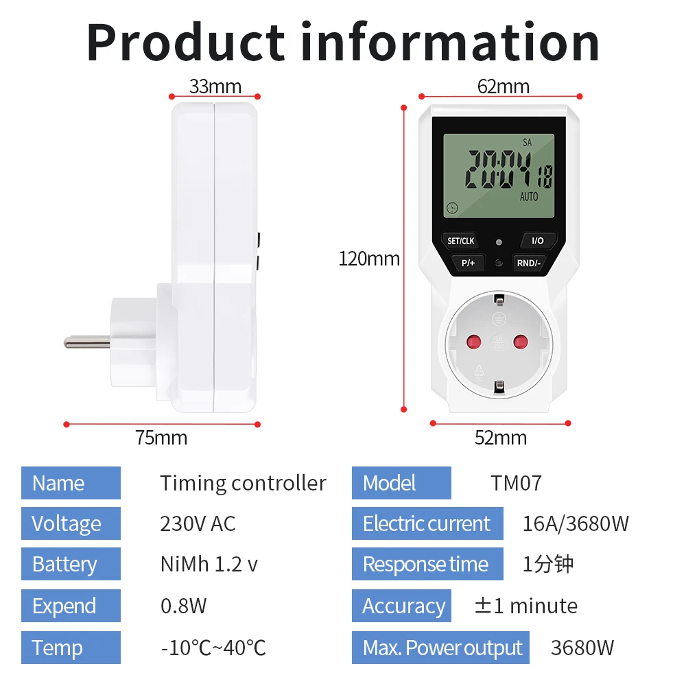 Digital Timer Switch Programmable Electronic Timer Socket Outlet Countdown Micro Cycle Day/Hour Time Control EU Plug 230V/16A
