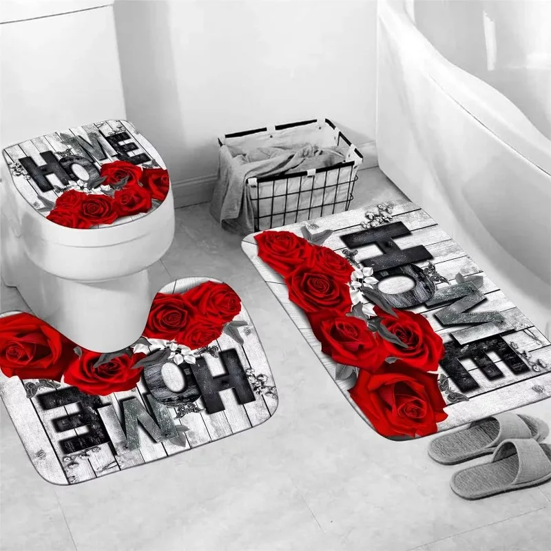 1/3/4pcs Red Rose Set, Waterproof Curtain With 12 Hooks, Non-Slip Bathroom Back, U-Shape Mat, Toilet Lid Cover Pa