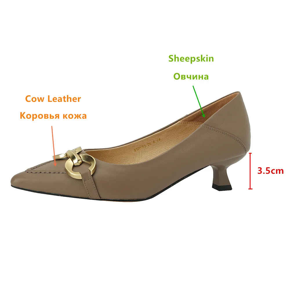 Aucegi Fashion Metalen Ketting Kitten Hakken Vrouwen Puntige Neus Naaien Pumps Echt Lederen Ondiepe Bruiloft Kantoor Moderne Schoenen