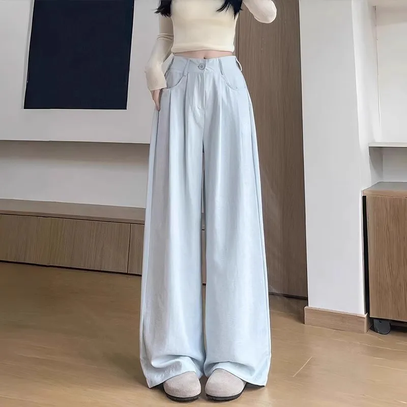 

Женские костюмные брюки Haze Blue Milk Fur, лето 2022, новые тонкие и повседневные свободные широкие брюки из ледяного шелка с высокой талией