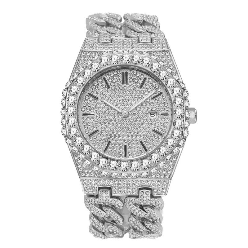 Men's Cuban Link Chain Quartz Watch, Iced Diamond Watch, Hip Hop Moda, Frete Grátis, Nova Marca, Frete Grátis