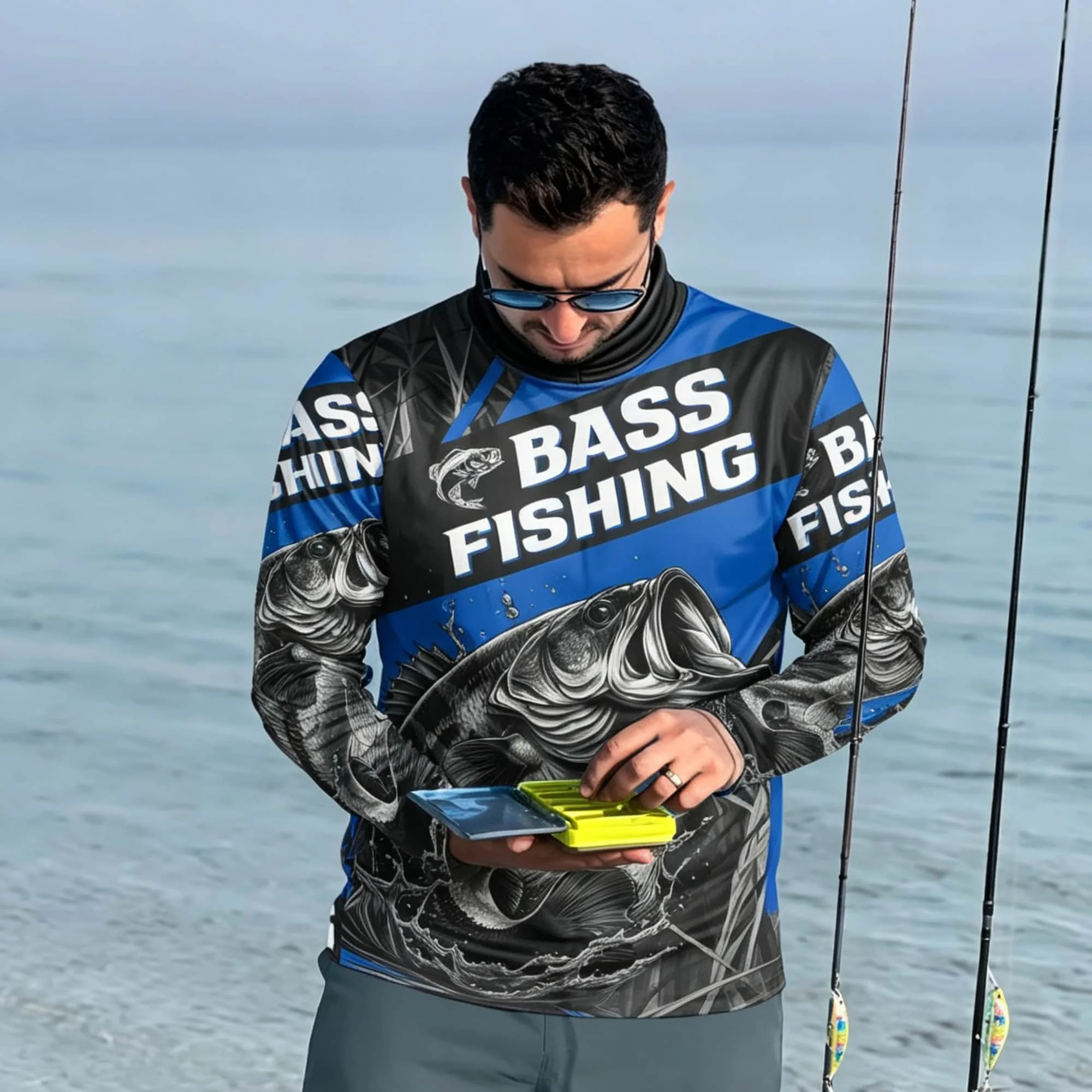 Men Mock Neck Long Sleeve Fishing Shirt Bass Fish Graphic Print Quick Dry Outdoor Angling Sport Tops