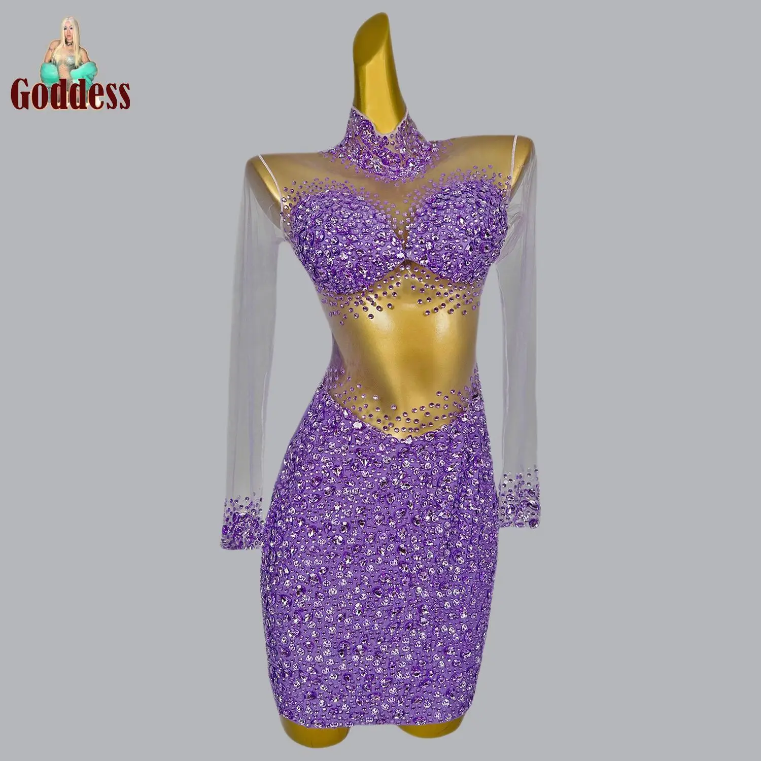 

Sparkly Rhinestone Sexy Mesh Thin See Through Dress Bar Nightclub Wear Stage Performance Dress Sexy Dance Birthday Party Dress