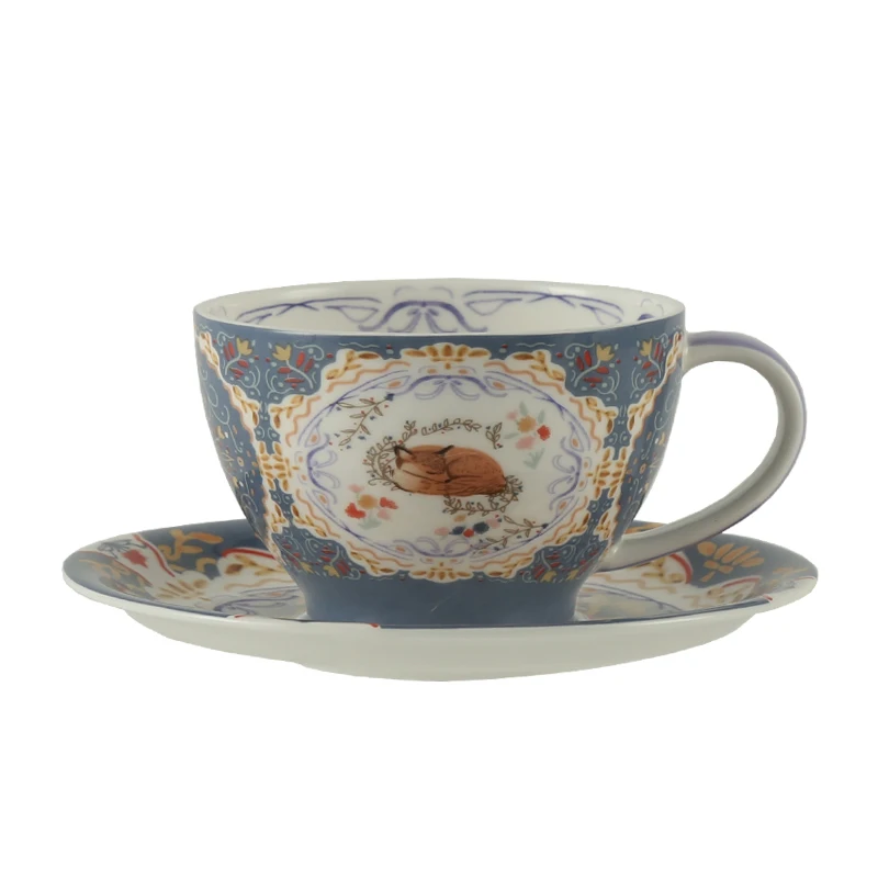 London Pottery 300ML Animal fox mug dish ceramic coffee cup  tea Pair pottery tea cup set porcelain bone china Cups and saucers