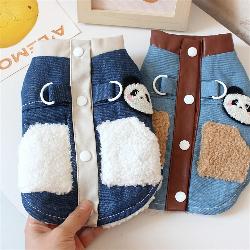 Warm Velvet Winter Pet Dog Jacket Designer Denim Panda Patchwork Chihuahua Cat Overalls Outdoor Windproof York Dog Clothing