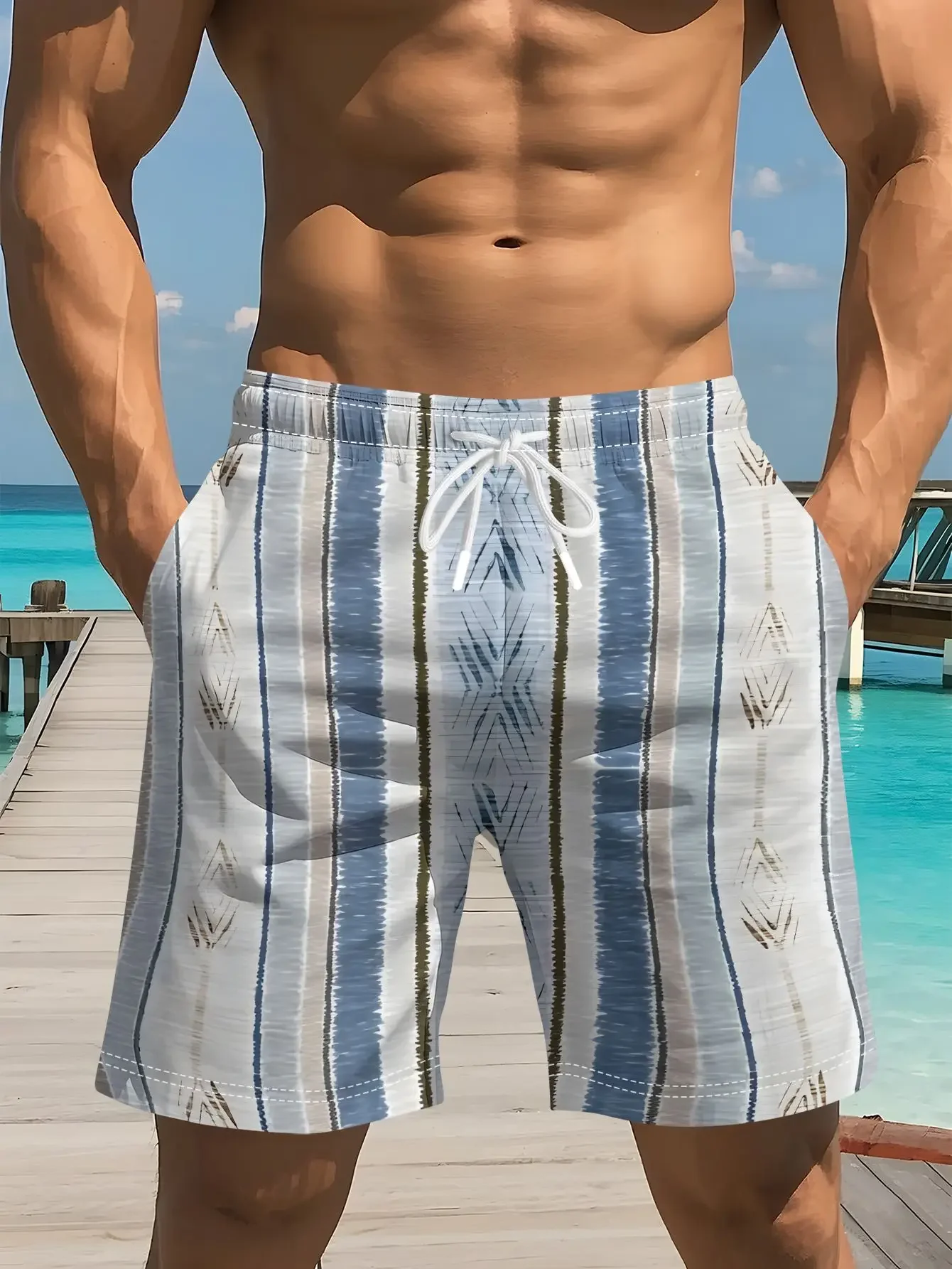Men Blue White Vertical Striped Quick Dry Swim Trunks Drawstring Elastic Waist Beach Surf Bathing Shorts With Side Pockets