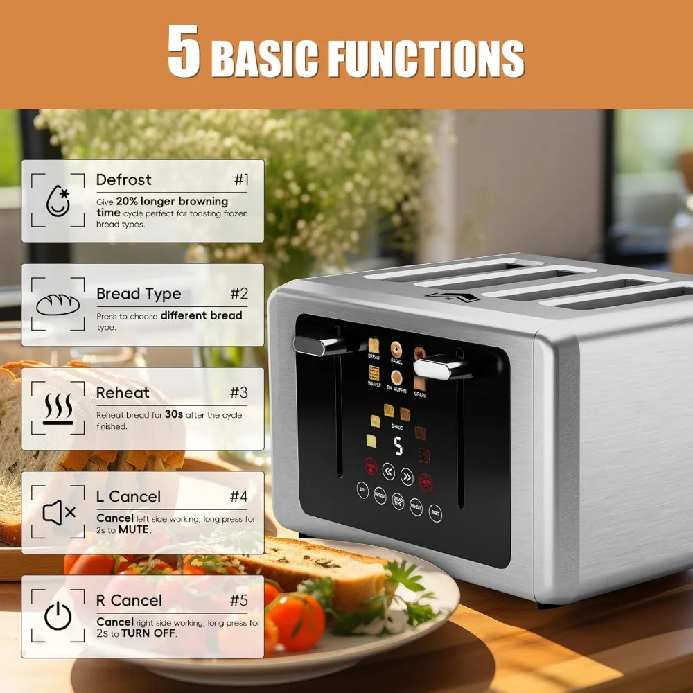 Touchscreen & Dual Independent Control Panel，5 Basic Functions & Digital Countdown Toasters, 6 Shade Settings＆6 Bread Types