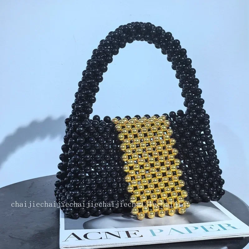 

2024 Fashion Ins Handwoven Customized Handbags for Women Black Spliced Gold Beaded Flipped Top-Handle Women Bag Dinner Gift