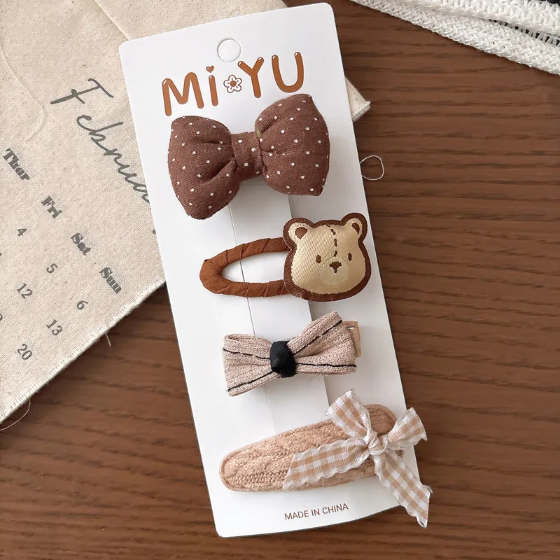 4 STUKS Leuke Melk Koffie Kleur Veelzijdige Kinderboog Volledige Pack Drukclip Zijhaarclip Zoete Stof Bloem Haarclip