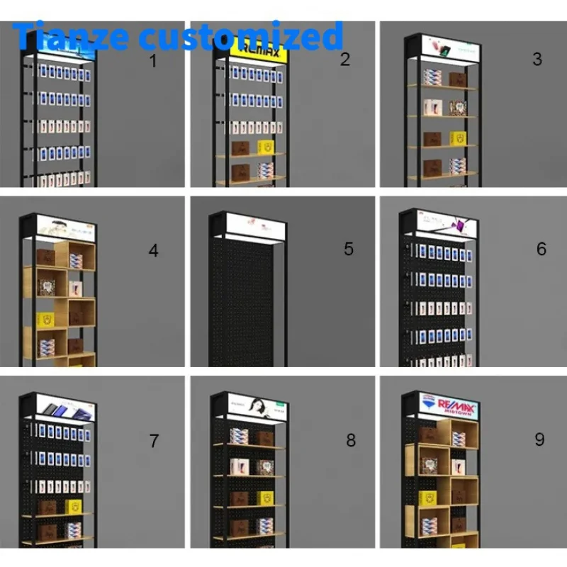 

(Customized) Metal Wood Mobile Cell Phone Accessories Display Showcase Pegboard Display Rack With Led Lights 3C Product