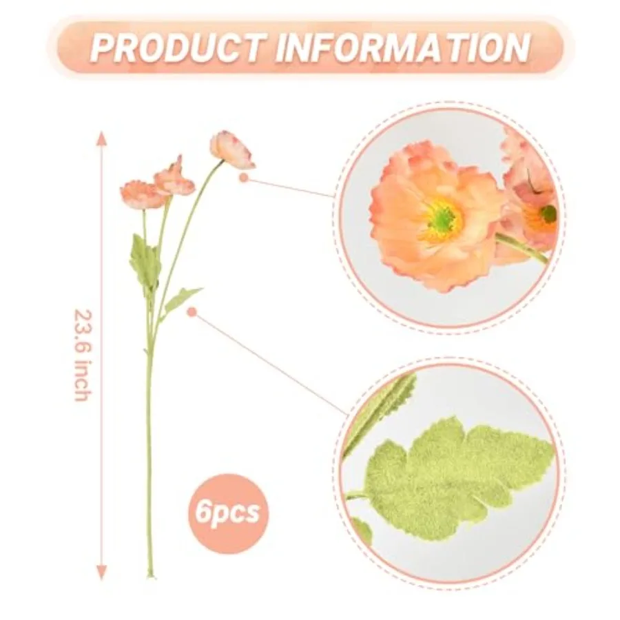 Fiori di papavero artificiali 6 pezzi per la decorazione del giardino domestico Bouquet Decorazione della stanza Fiori di seta sintetica