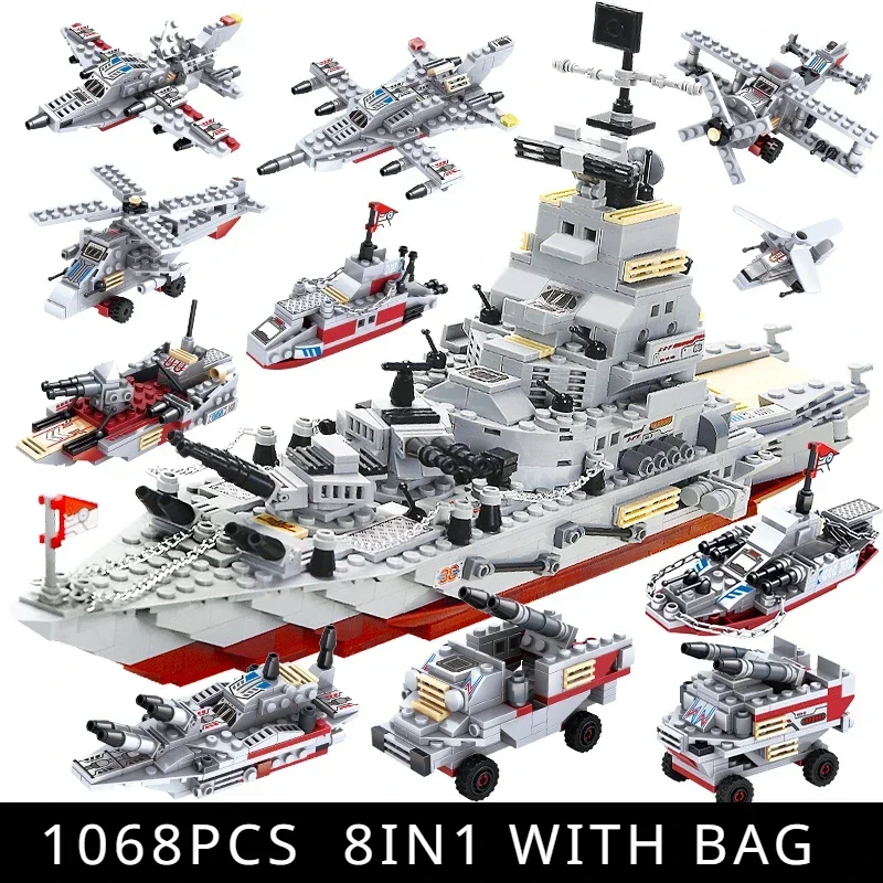 New Military Navy War Chariot Ship Army Boat Plane Model Warships Building Blocks Construction Set Toys For Children Boy Gifts