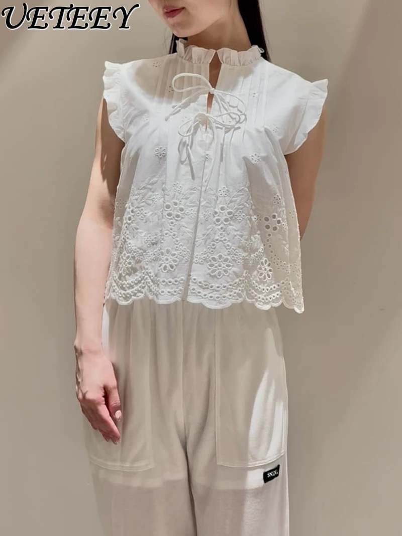 

Japanese Spring and Summer New Elegant Sweet Lace-up Solid-color Tops Versatile Lace Embroidered Crochet Short Shirts