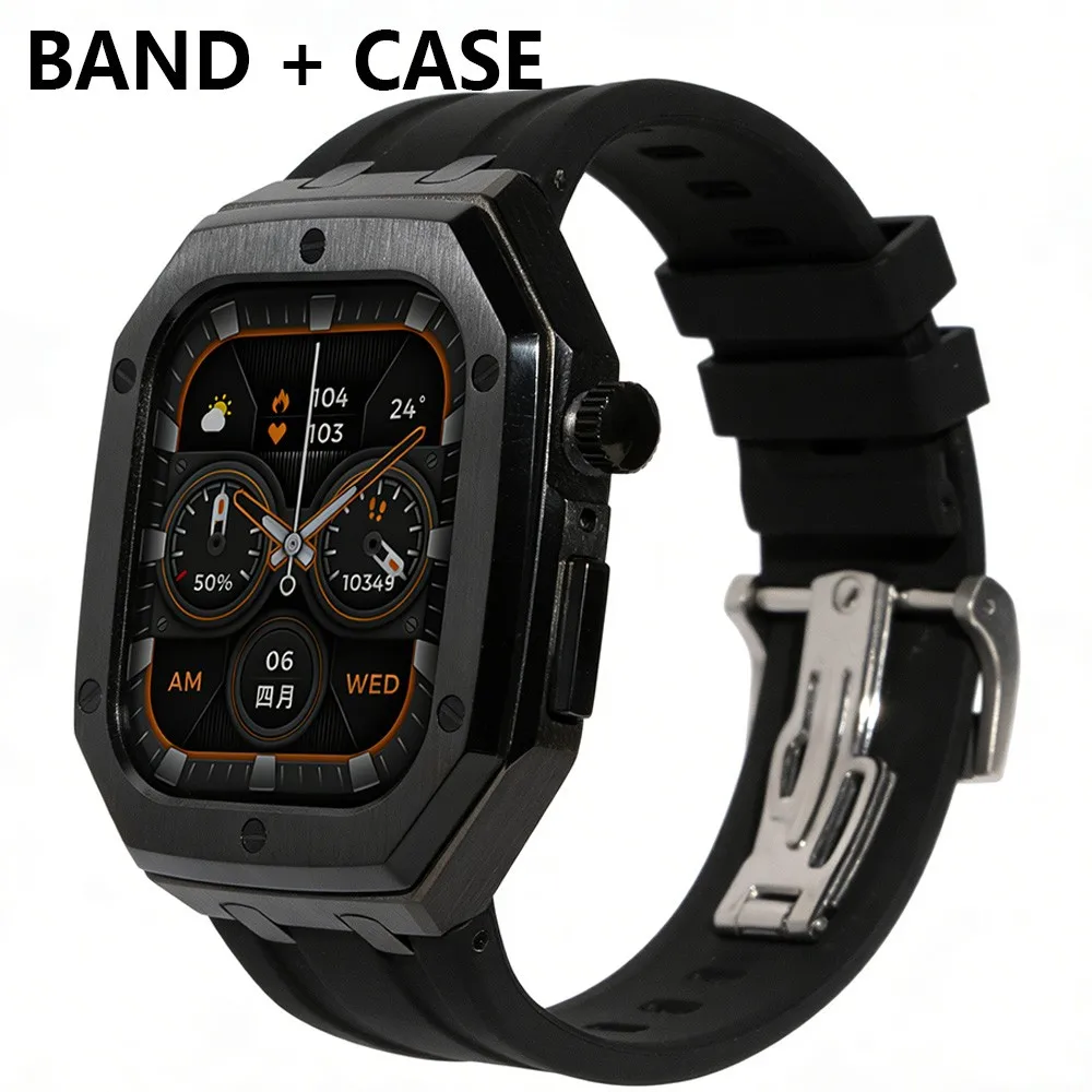 

Роскошный металлический корпус из нержавеющей стали с ремешком из фторкаучука, набор для модификации для Apple Watch Series 11/10/9/8/7/6/5/4/SE 44/45/46 мм