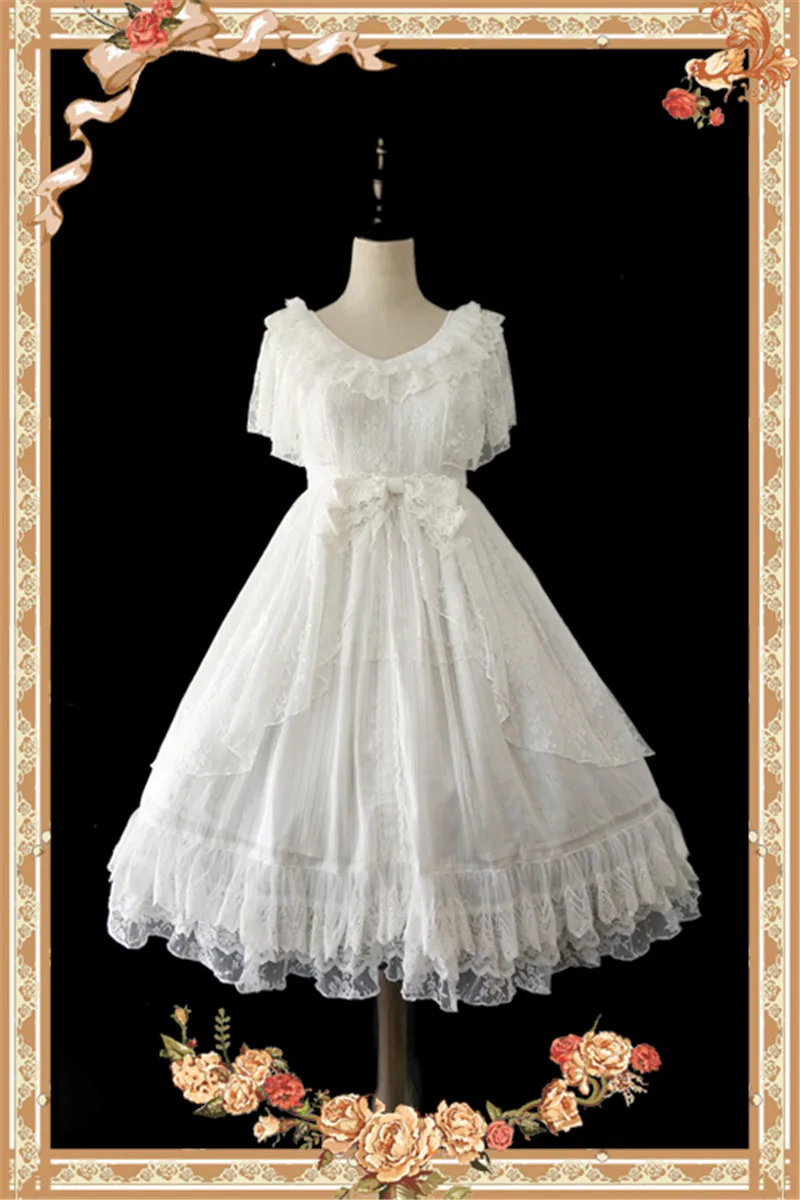 Lolita One Piece Dress Short Sleeve Ruffles White/Black Lace Lolita Dress