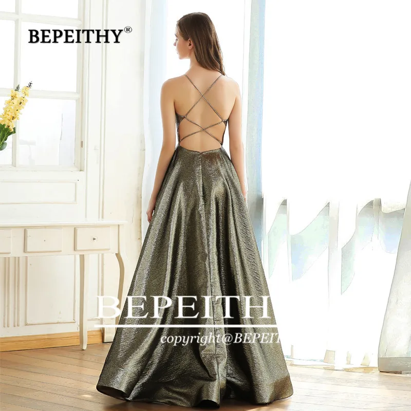 BEPEITHY Customized Sexy Backless Long Prom Dresses Robe De Soiree V Neck Glitter Fabric Evening Party Gown A Line Floor Length