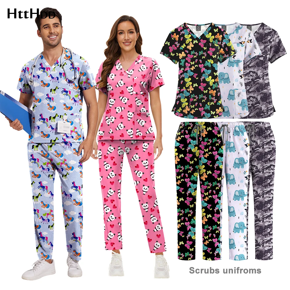 Mens Scrub Tops Pants Sets High Quality Fashion Printed Nurse Uniforms Scrubs Women Hospital Nursing Soft Scrub Sets Spa Uniform