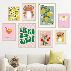 1Pcs Innen Gemälde Zitronen Wand Kunst Leinwand Malerei Gänseblümchen Wohnkultur Poster Schlafzimmer Obst Vase Wohnzimmer Erdbeeren