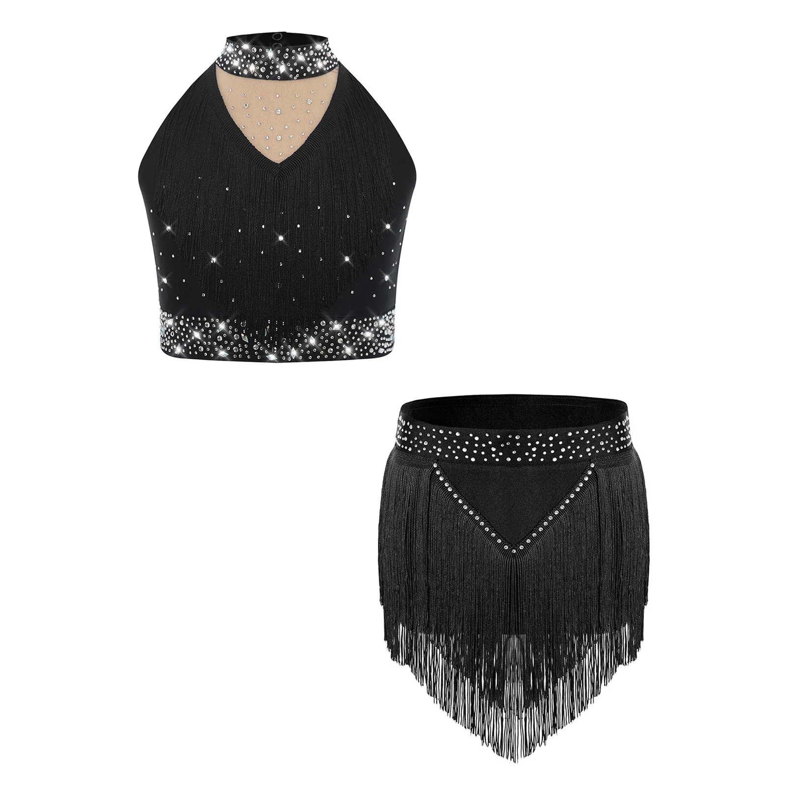 

Girls Latin Jazz Dance Sets Sparkly Rhinestones Ballet Lyrical Dance Outfit Fringe Brief Skirt Stage Performance Tango Dancewear