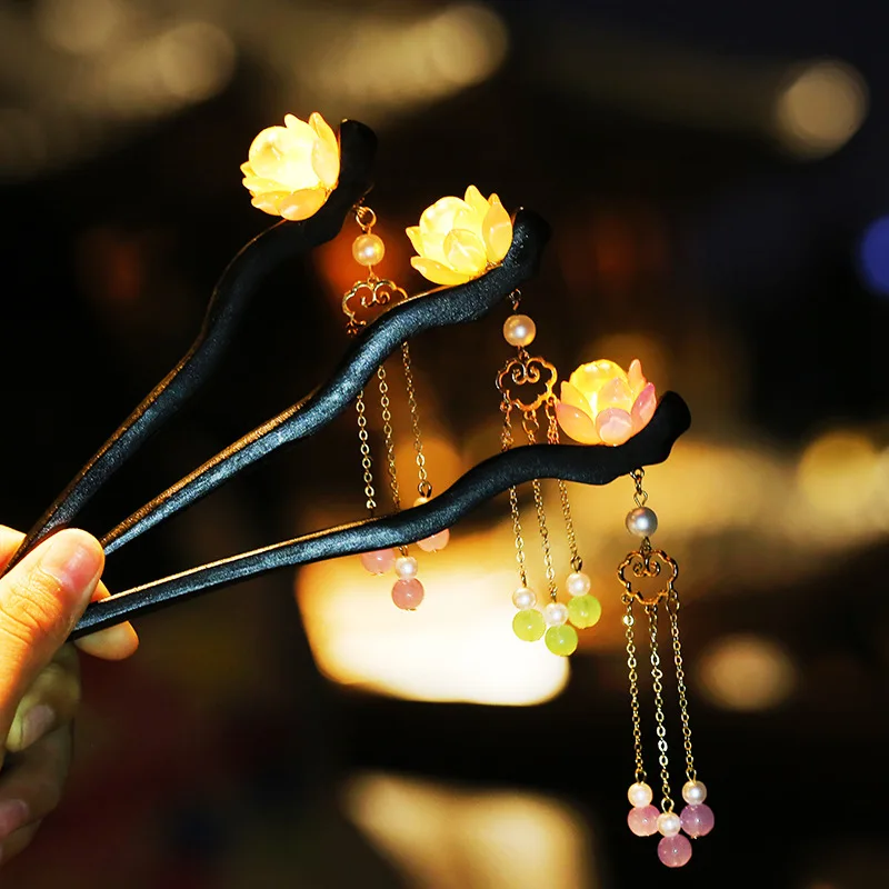 New Luminous Lotus Tassel Wooden Hairpin Hanfu Headwear for Women