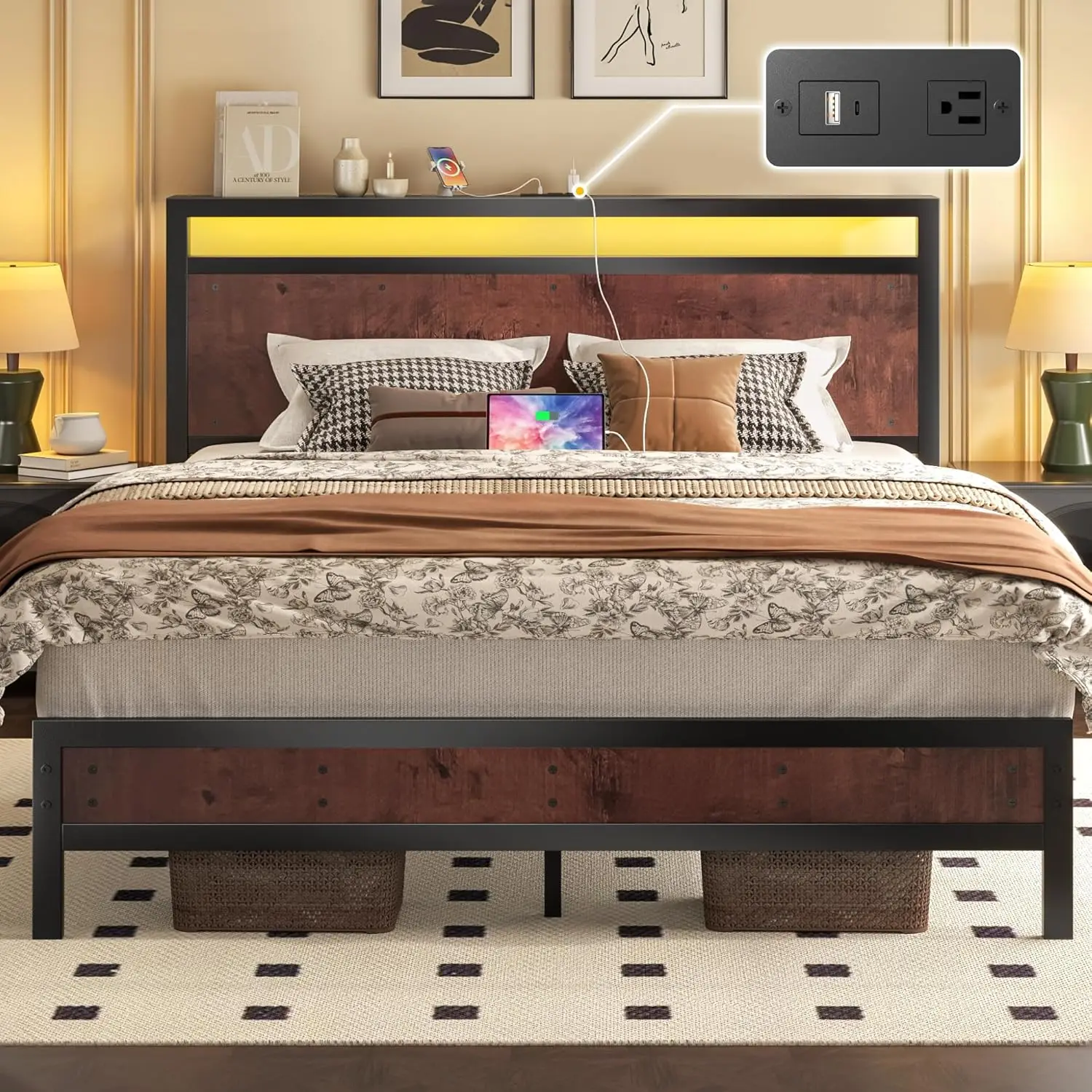

Large Bed Frame with Headboard and Footrest, Bed Frame with Built-in Charging Station and LED Lights, Storage Rack, Noise Free