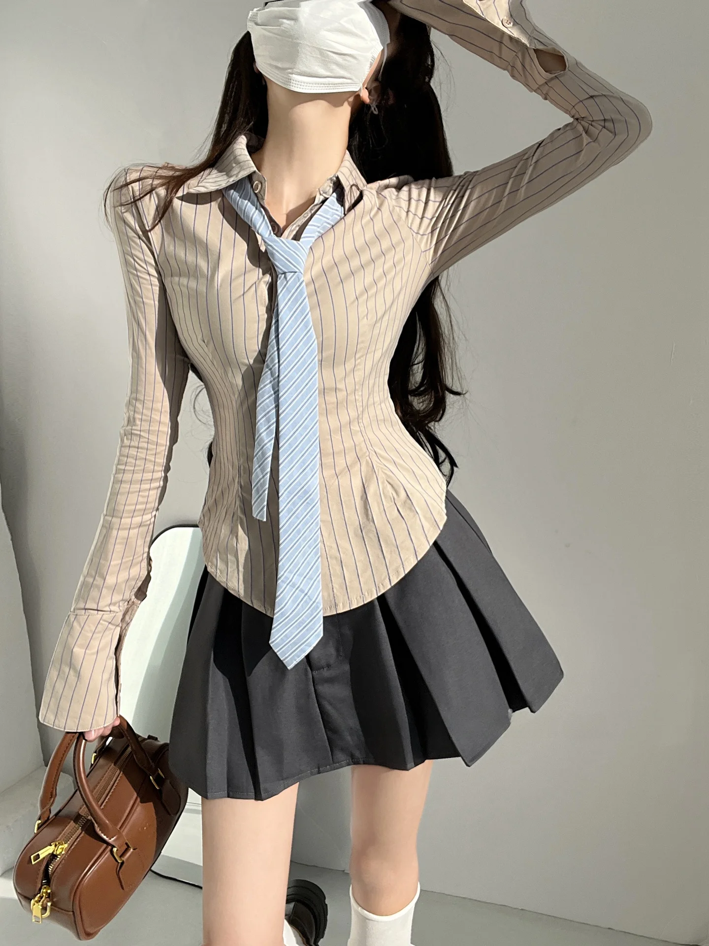 Rayé bleu irt femmes automne nouveau Sle collège Sle Long Sve coupe ajustée irt respirant respectueux de la peau longueur ort