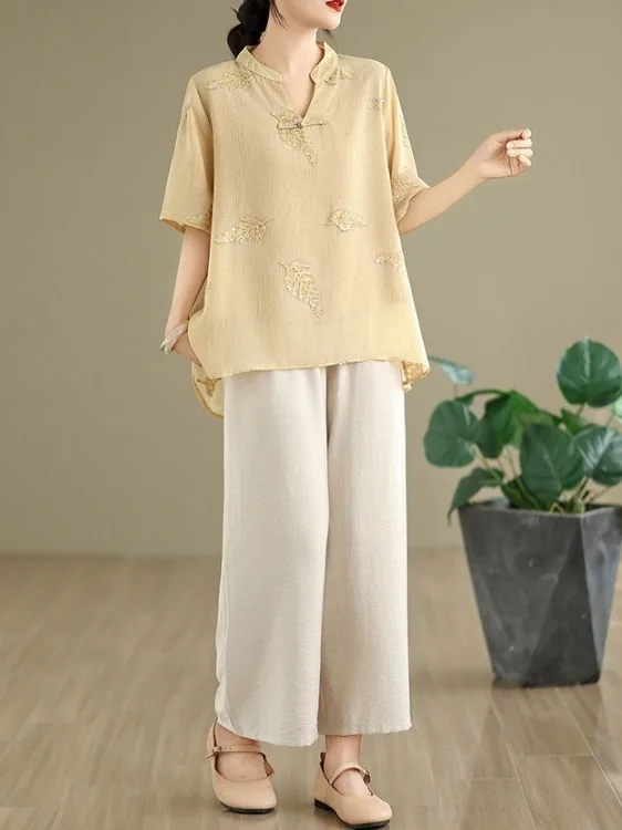 

Faionable Embroidered Heavywork Loose Waist ort Sve irt And Wide Leg Pants Two Piece Set for Women V Ne Summer Outfit