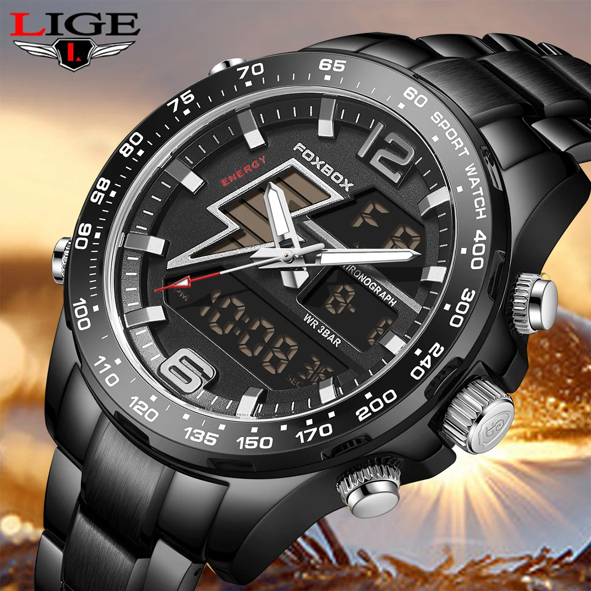 

LIGE Luxury Man Watch Fashion Luminous Calendar Mens Watch Waterproof LED Dual Display Stainless Steel Quartz Watches for Men