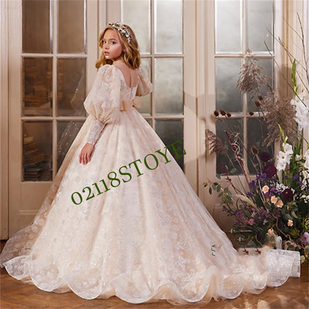 

Full Scoop A Line Flower Girl Dresses New Summer Sequined Full Sleeve Sweep Train Organza فساتين اطفال للعيد Communion