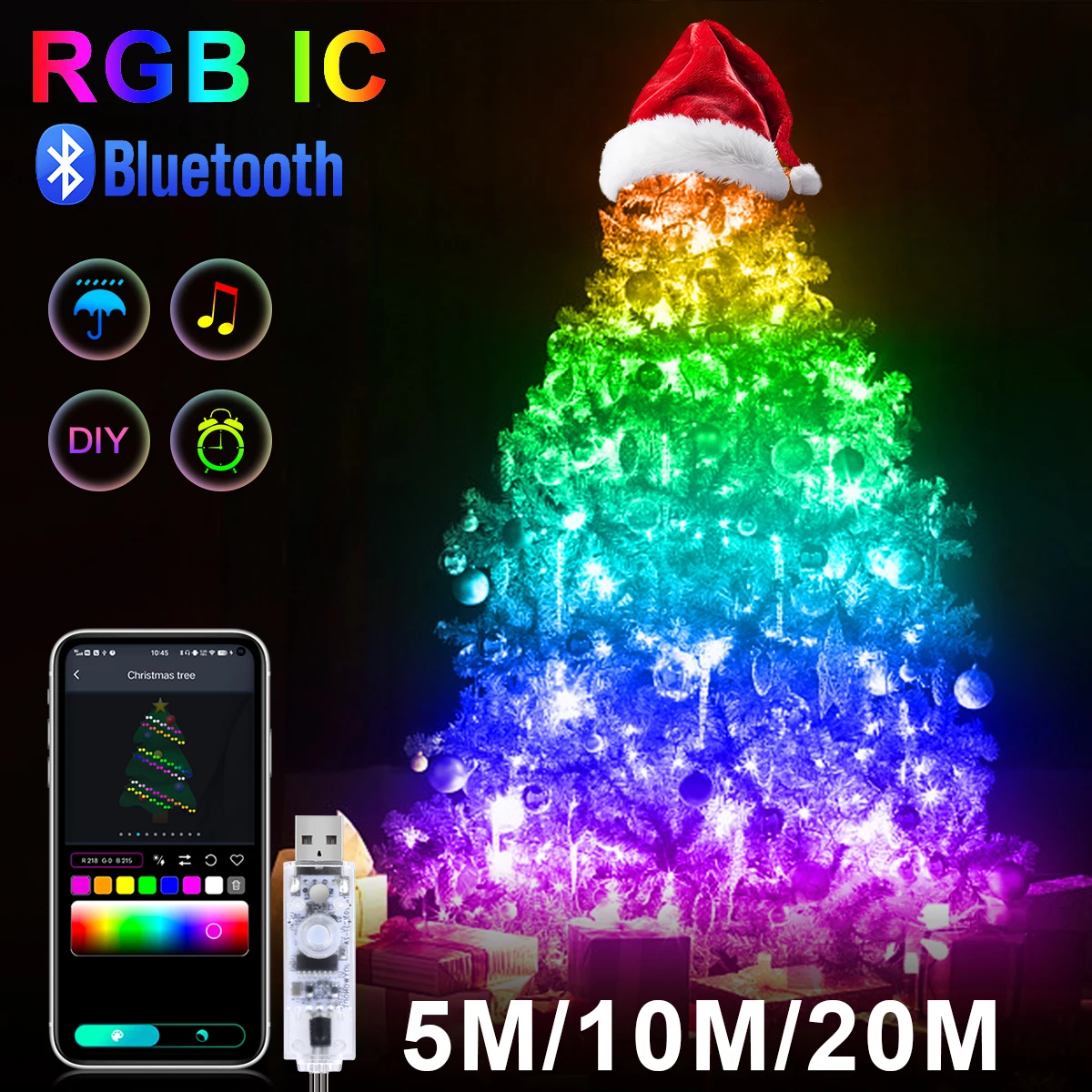 20M RGBIC USB 5V LED Sting Light Bluetooth Music APP WS2812 Programmable DIY Fairy Lights Birthday Party Garland Christmas Decor