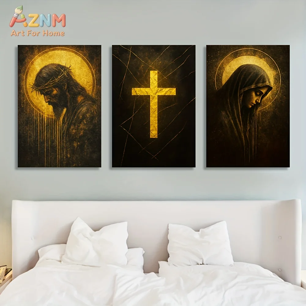 1pc/3pcs Canvas Wall Art Featuring Jesus And The Virgin Mary with a Golden Cross Design, Religious Faith Decor view 4