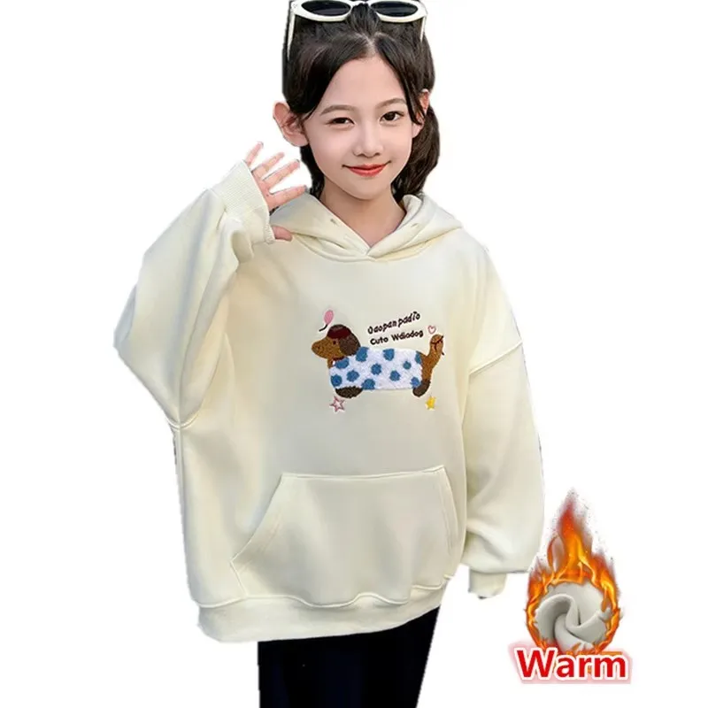 

Winter Child Thermal Hoodies Sweatshirt with Cartoon Dog For Girl Teenager Fashion Thicken Insulated Cartoon-Hoodies For Girl