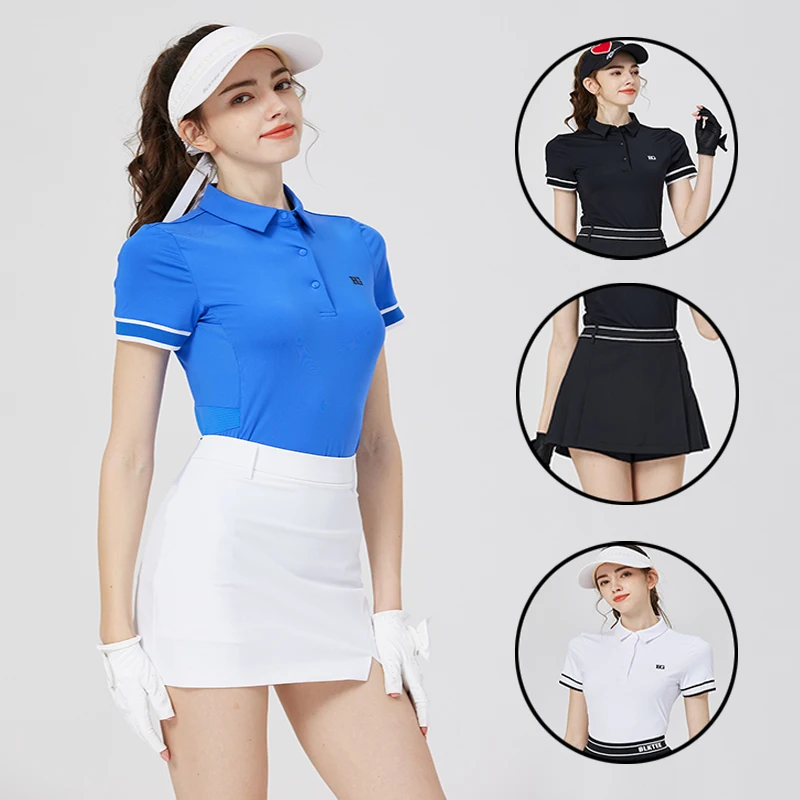 

2025 New BLKTEE Golf Women's Short-sleeved T-shirt Summer Lapel Quick-dryTops Ladies Pleated Golf Skirts Slim Skorts Suit