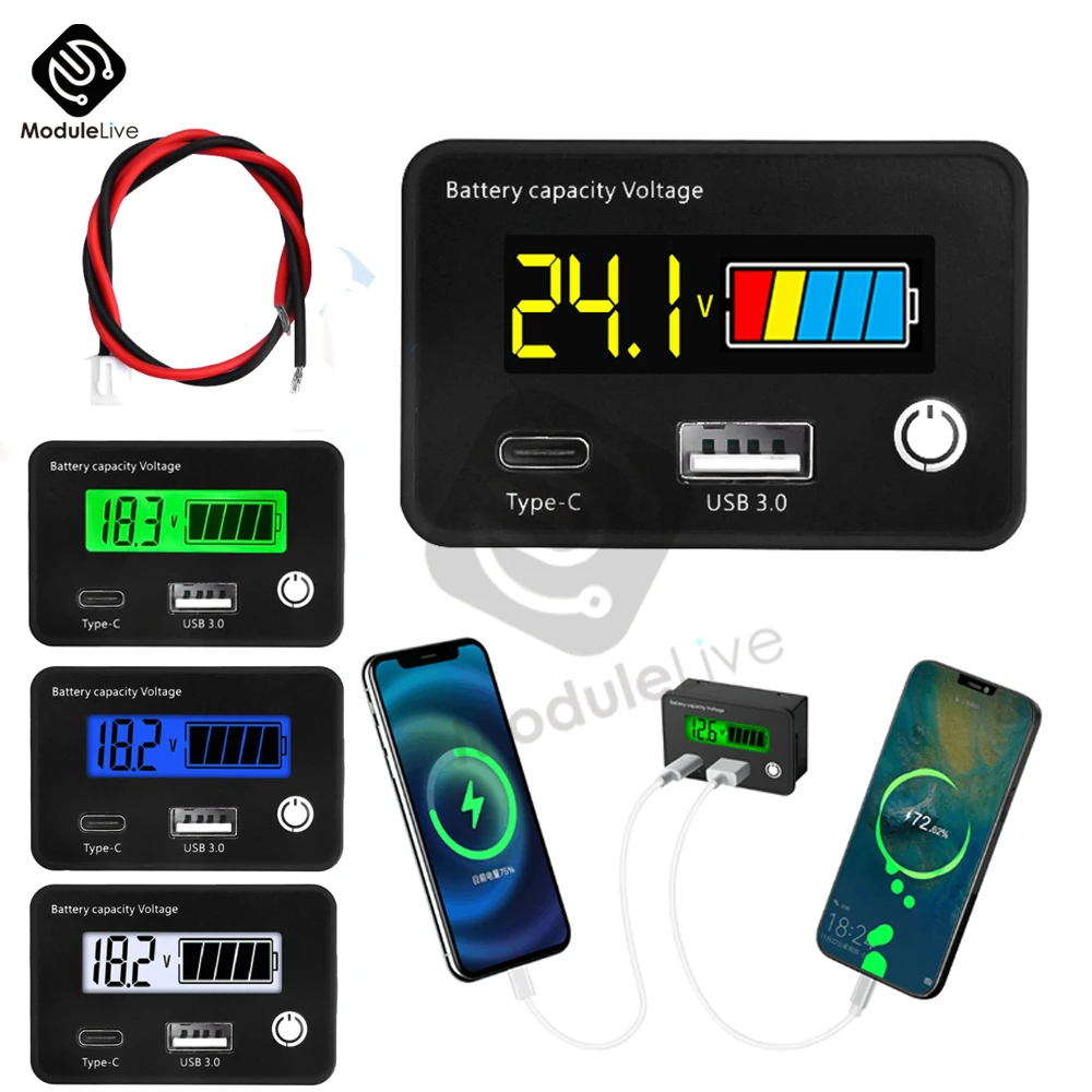 Type-c USB DC8-30V Car Battery Voltmeter Charge Level Indicator Lithium Battery Capacity Meter 12V 24V Test Display LED Tester