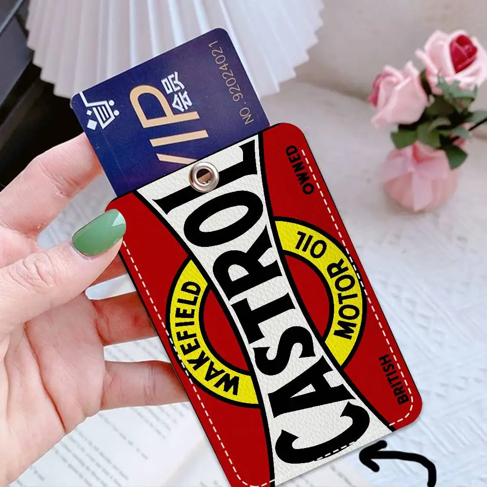 C-Castrol Logo 1Pc PU Leather Card Holder Keychain Key Ring Door Lock Access Tags ID Card Case Keychain Card