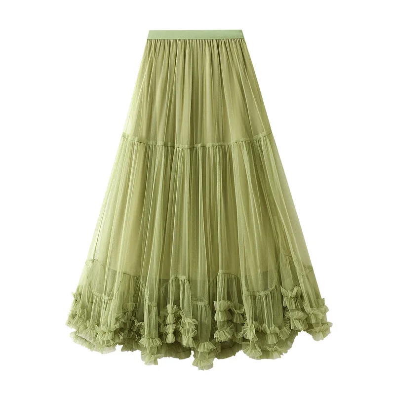 Fashion Mesh A-line Pleated Fairy Skirt Sweet Fungus Lace Skirt Elastic Waist Summer Skirt Big Swing French Mesh Dress Y2k Robes