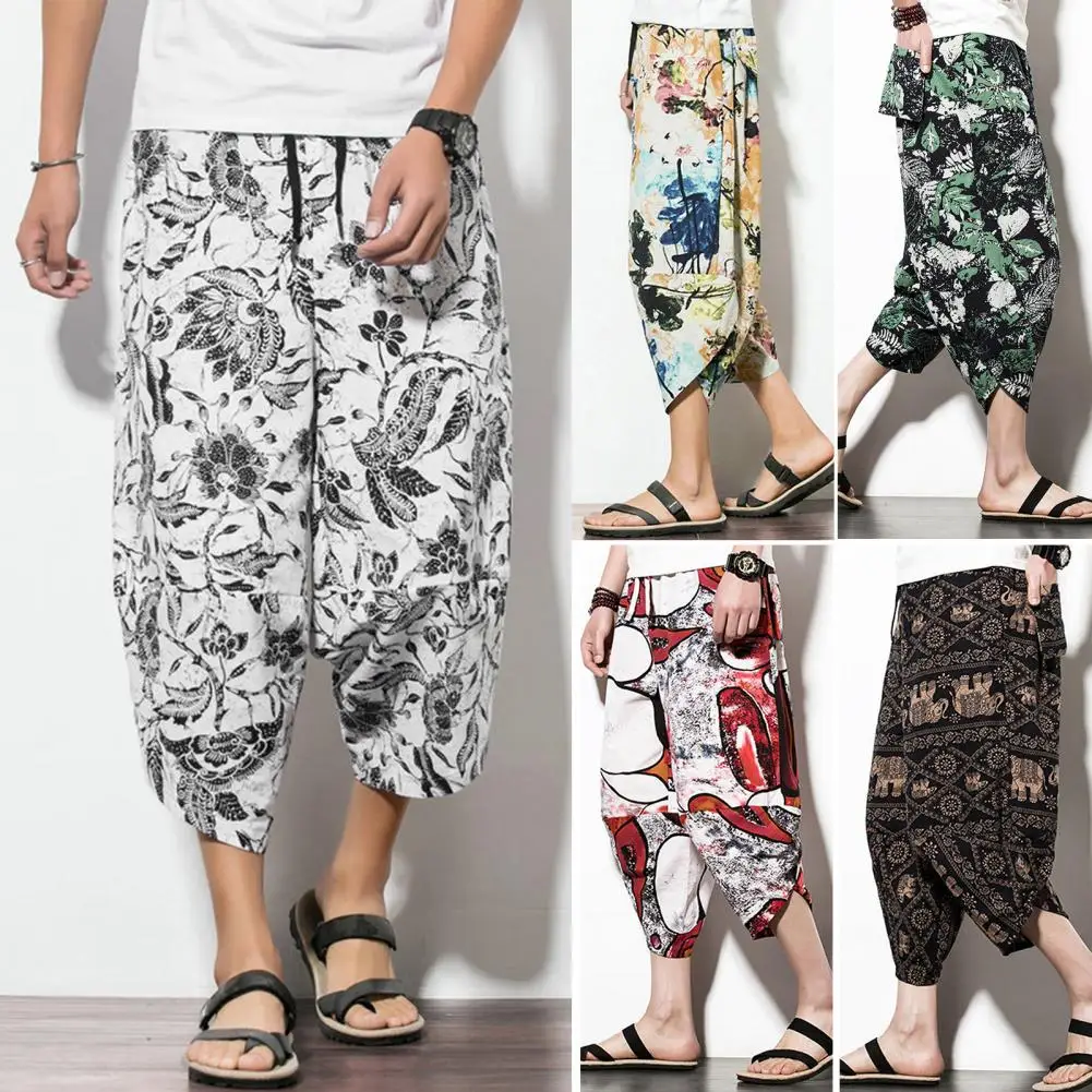

Simple Cropped Pants Breathable Summer Men Chinese Style Pattern Cropped Pants Skin-touching Harem Pants Daily Garment