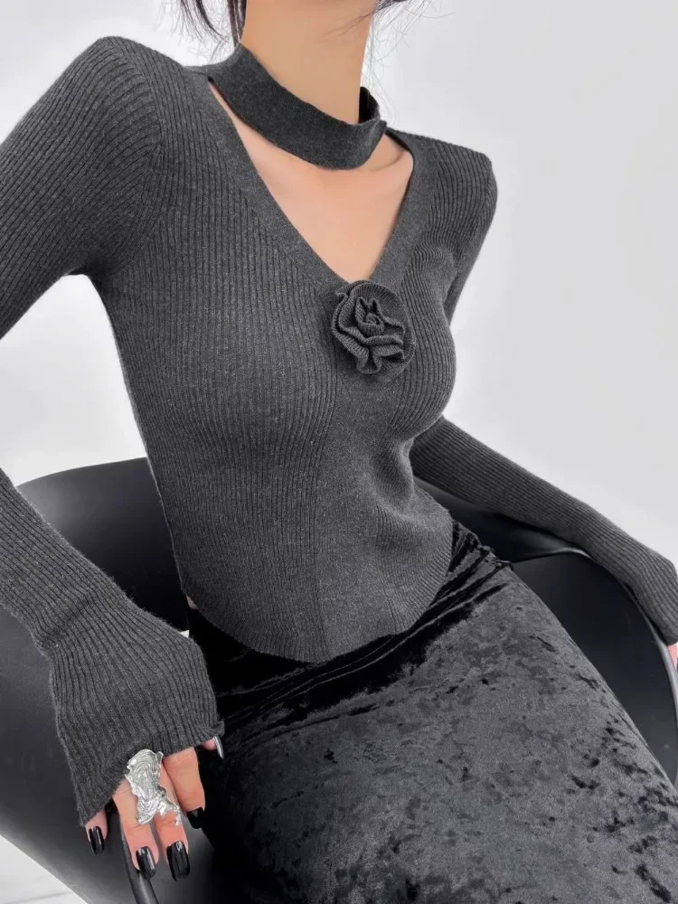 Vintage Roses V-neck Knit Sweater Sexy Slim Crop Tops Y2k Women's Clothing Design Hollow Out Grey Pink Black Red Pullovers New