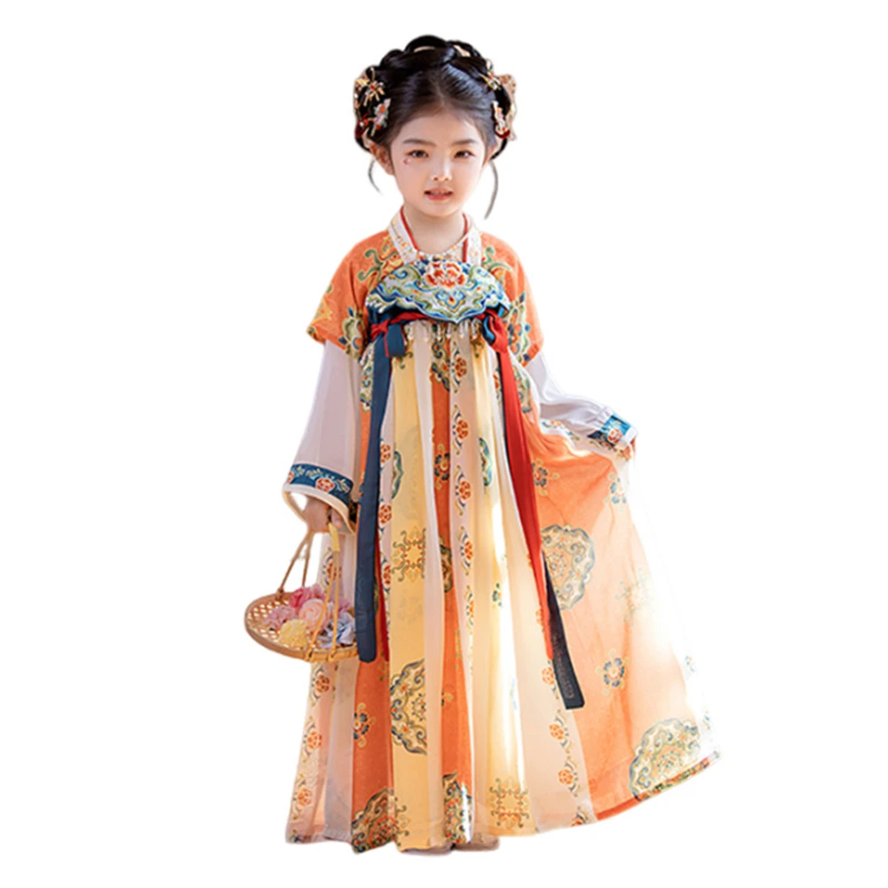 Spring Autumn Chinese Traditional Embroidery Dress Girl Hanfu Folk Tang Suit Fairy Performance Costume Children Vintage Clothing