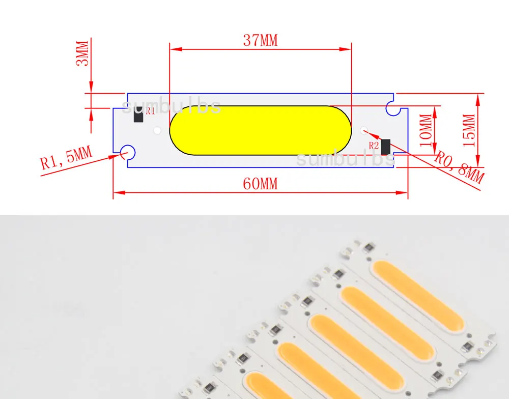 10PCS 60x15MM DC 12V 2W COB LED Glühbirne Chip Weiß Gelb Orange Grün blau Rot Lila LED Matrix Lampe für DIY Beleuchtung 6CM – Detail 4