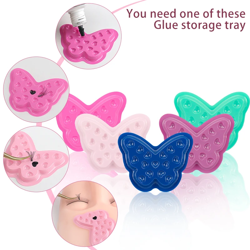 100 Uds forma de mariposa pegamento para pestañas postizas soporte junta extensión de pestañas paleta de plástico bandeja adhesiva herramientas de pigmento de tatuaje