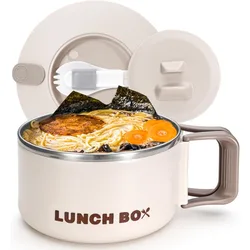 Lidded Handle Ramen Bowl with Stainless Steel Inner Container Microwave Safe Lunch Box for Instant Noodles Cooking Device